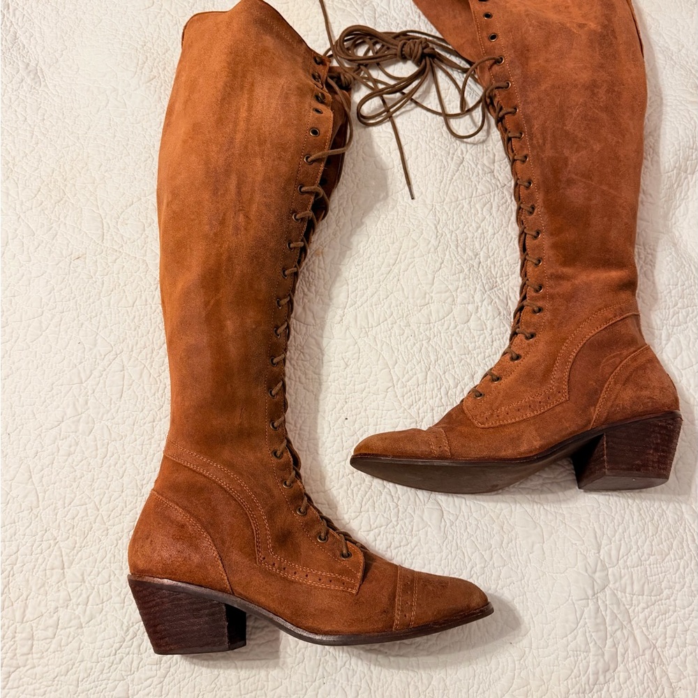 Jeffrey Campbell Sz 9 Free People Brown Tall Lace Up Boots - Picture 4 of 16